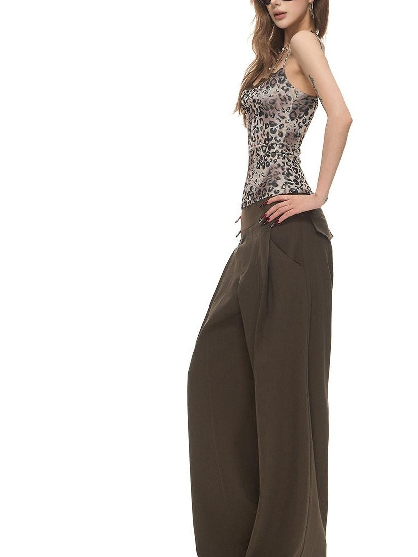 Fanptntox Leopard Print Knit Mesh Splice Round Neck Women's Polyester Lace Camisoles