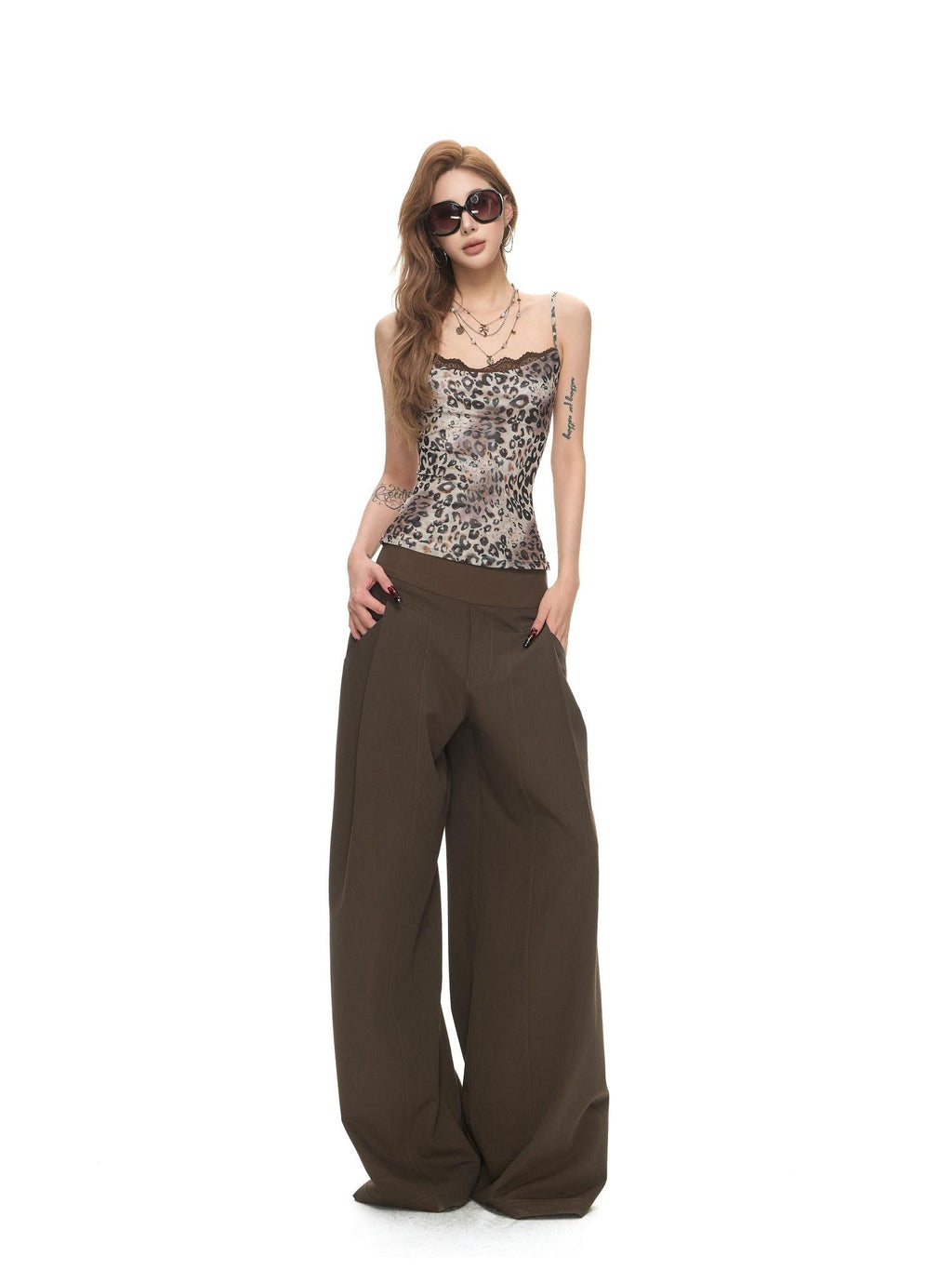 Fanptntox Leopard Print Knit Mesh Splice Round Neck Women's Polyester Lace Camisoles