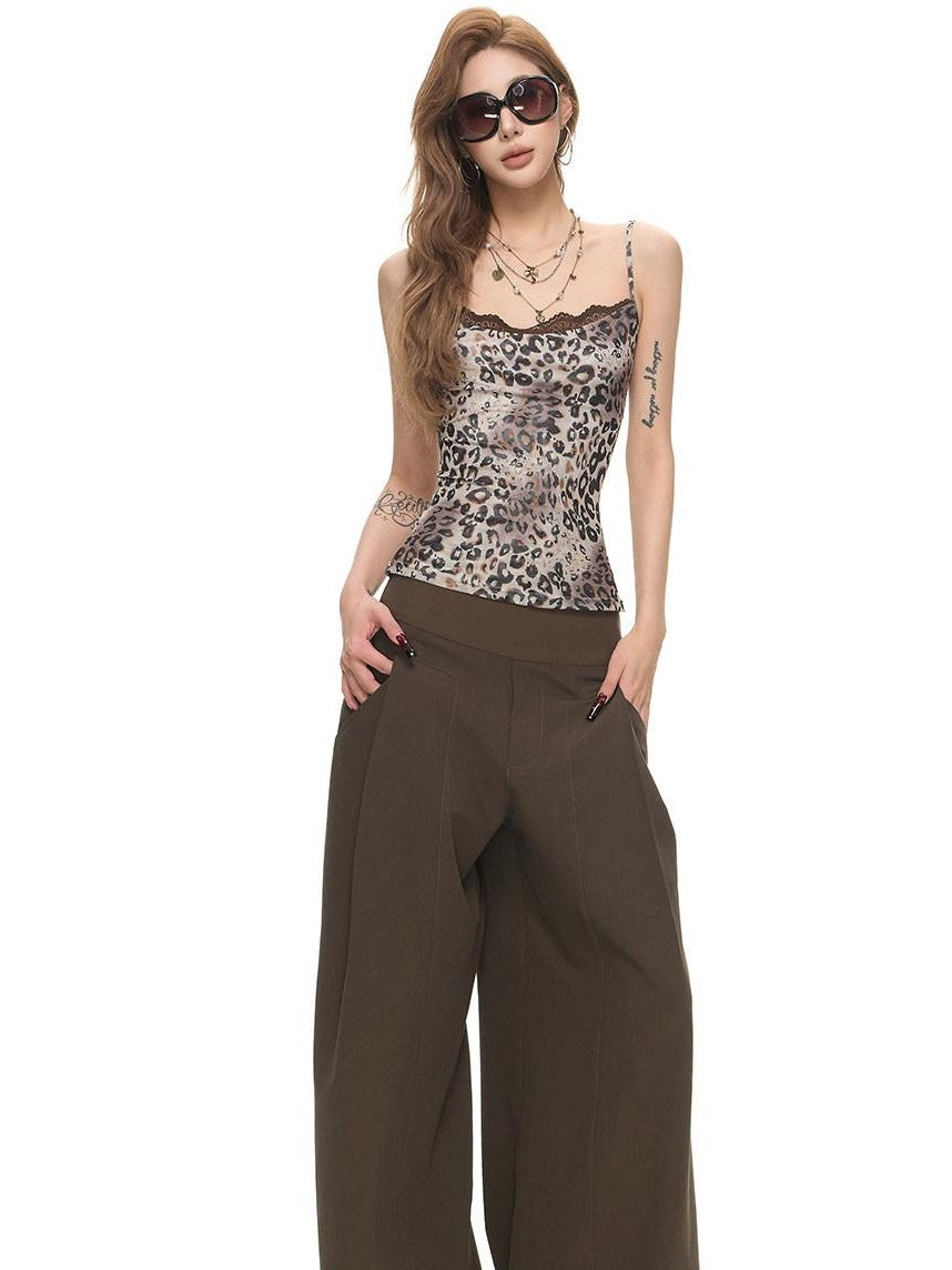 Fanptntox Leopard Print Knit Mesh Splice Round Neck Women's Polyester Lace Camisoles