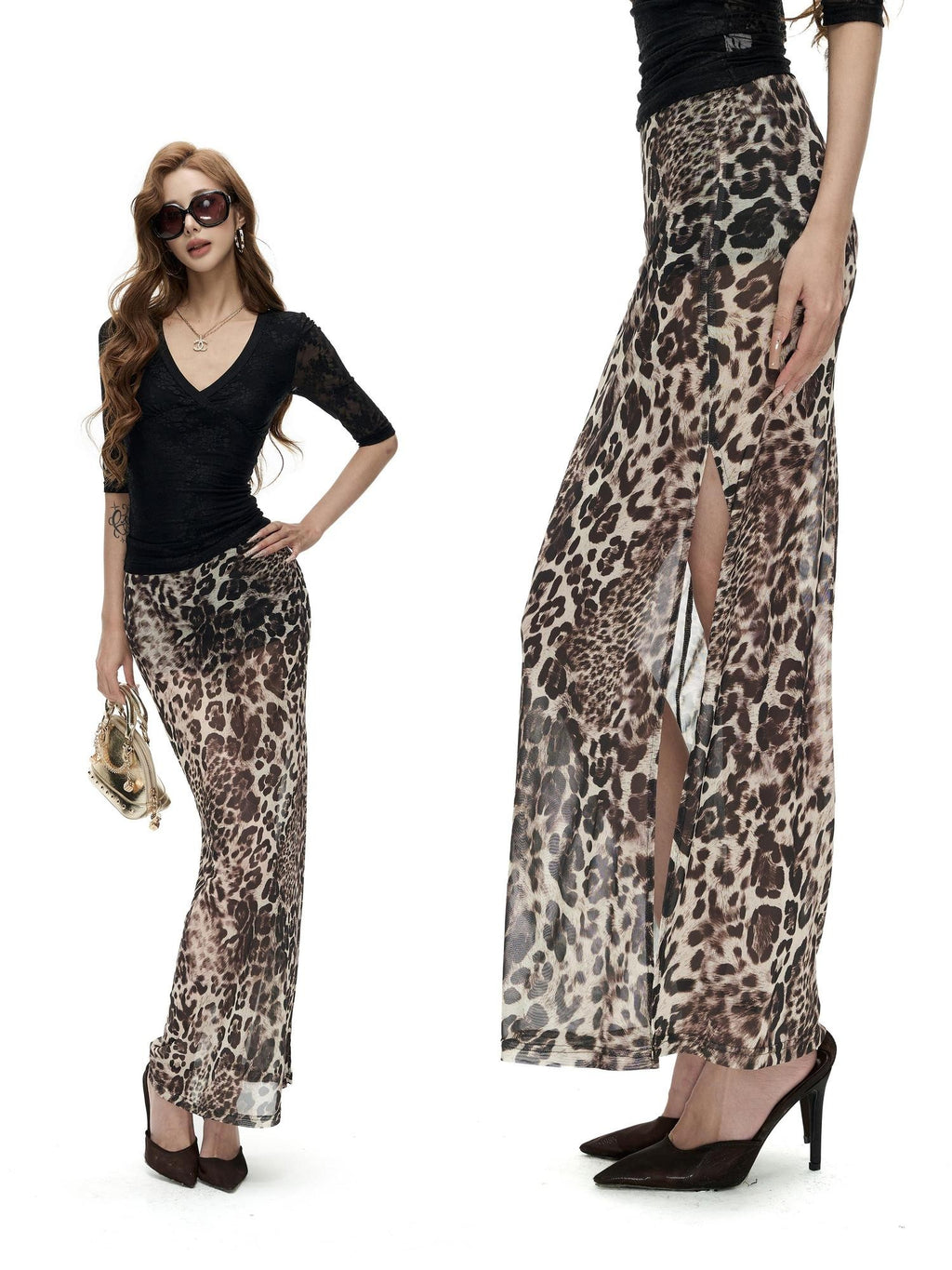 Fanptntox Leopard Print Mesh Layered Mermaid Hem Women's Polyester Slim Fit Maxi Skirts
