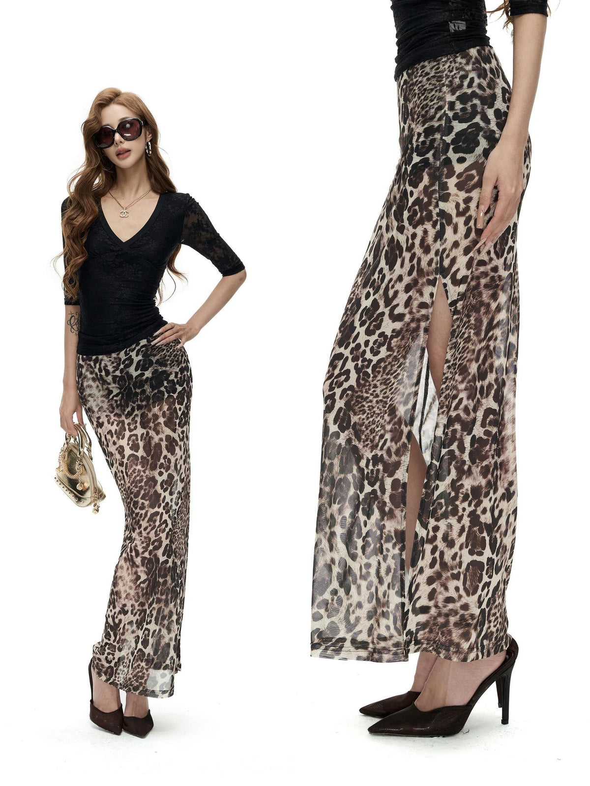 Fanptntox Leopard Print Mesh Layered Mermaid Hem Women's Polyester Slim Fit Maxi Skirts