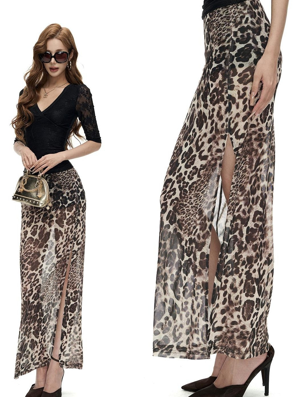 Fanptntox Leopard Print Mesh Layered Mermaid Hem Women's Polyester Slim Fit Maxi Skirts