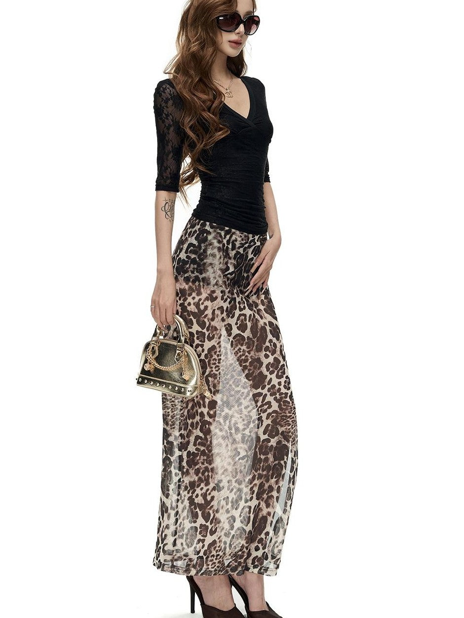 Fanptntox Leopard Print Mesh Layered Mermaid Hem Women's Polyester Slim Fit Maxi Skirts