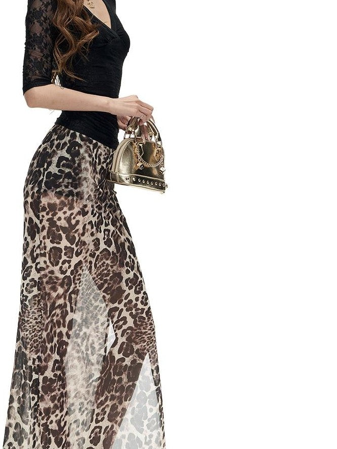 Fanptntox Leopard Print Mesh Layered Mermaid Hem Women's Polyester Slim Fit Maxi Skirts