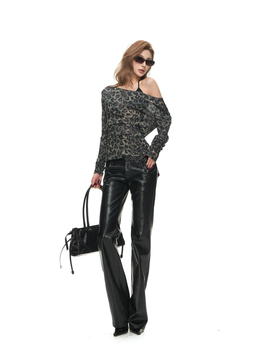 Fanptntox Leopard Print Off Shoulder Slanted Neck Women's Polyester Long Sleeve T-shirts