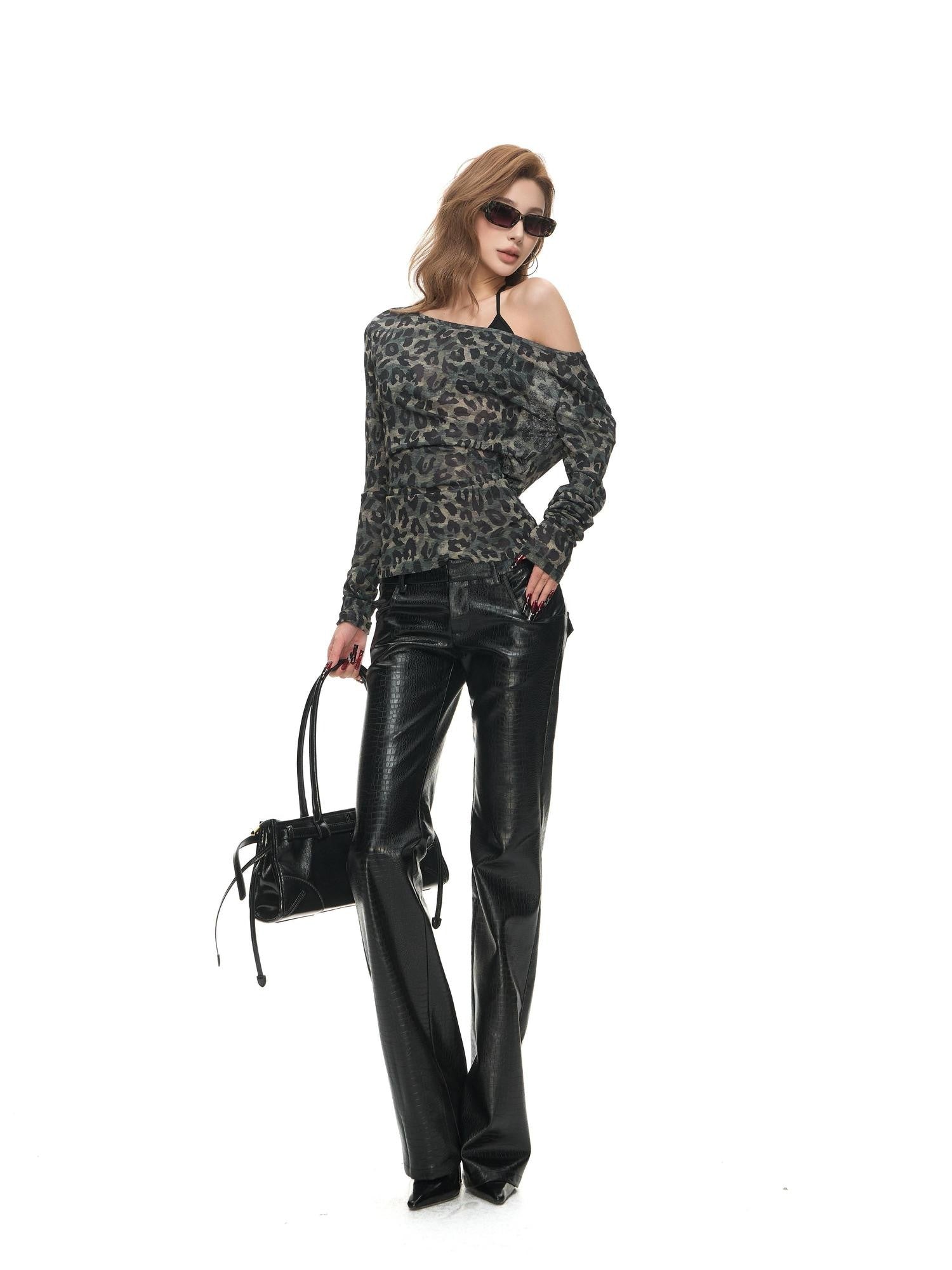 Fanptntox Leopard Print Off Shoulder Slanted Neck Women's Polyester Long Sleeve T-shirts