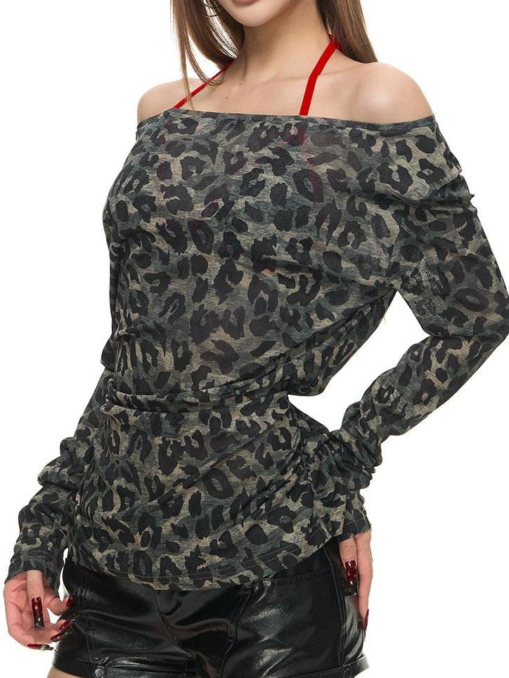 Fanptntox Leopard Print Off Shoulder Slanted Neck Women's Polyester Long Sleeve T-shirts