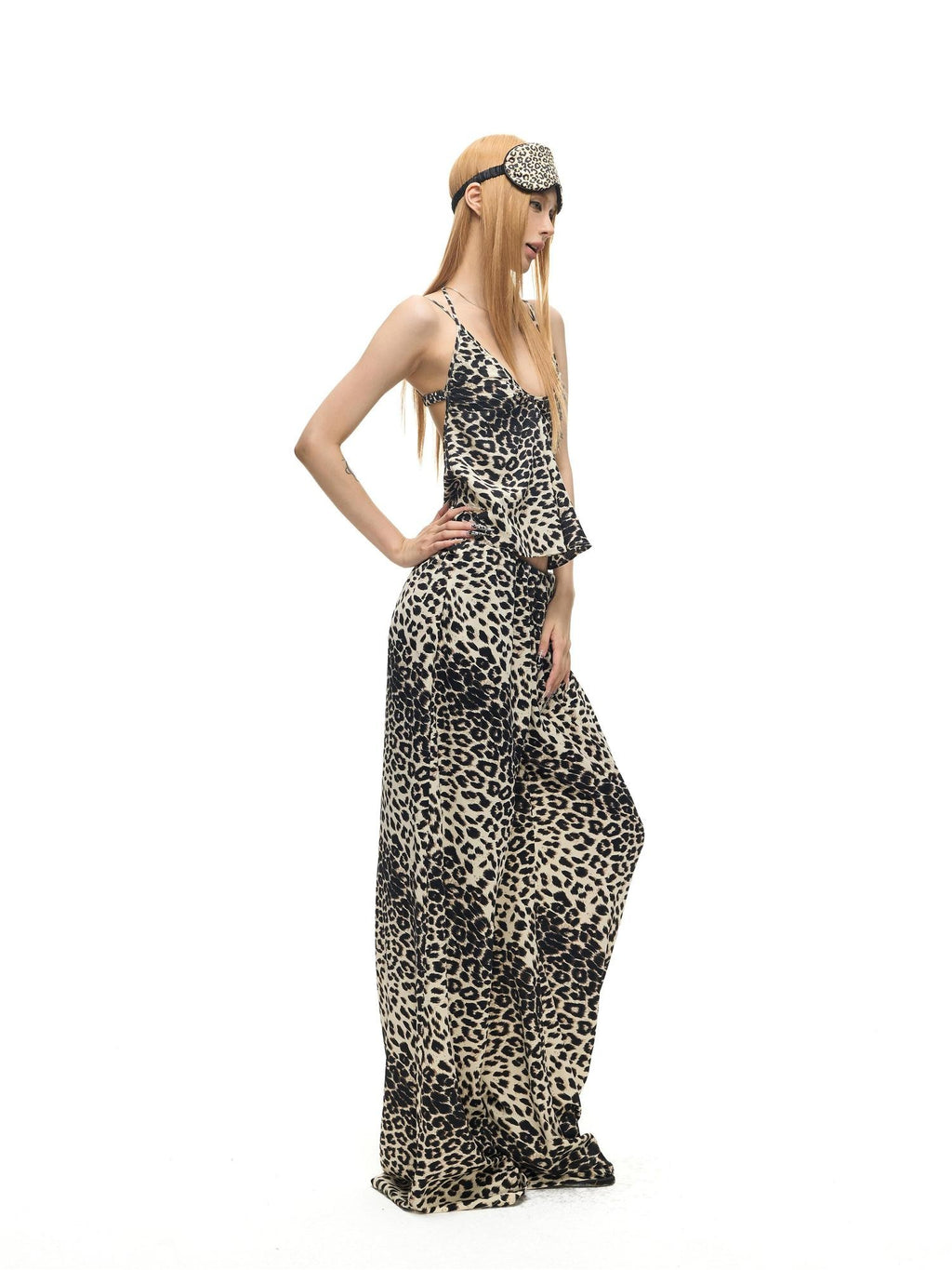 Fanptntox Leopard Print V-neck Camisole Wide Leg Women's Lounge Top & Pants Sets