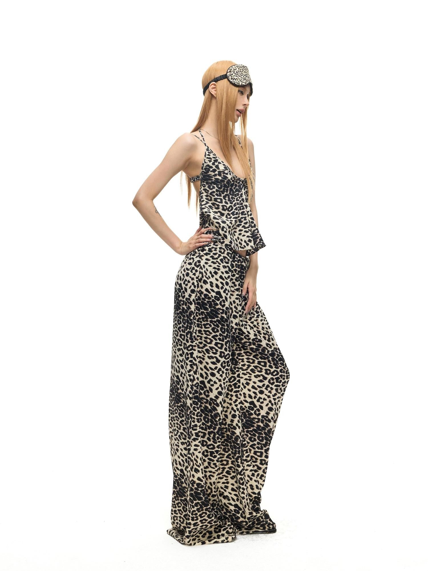 Fanptntox Leopard Print V-neck Camisole Wide Leg Women's Lounge Top & Pants Sets