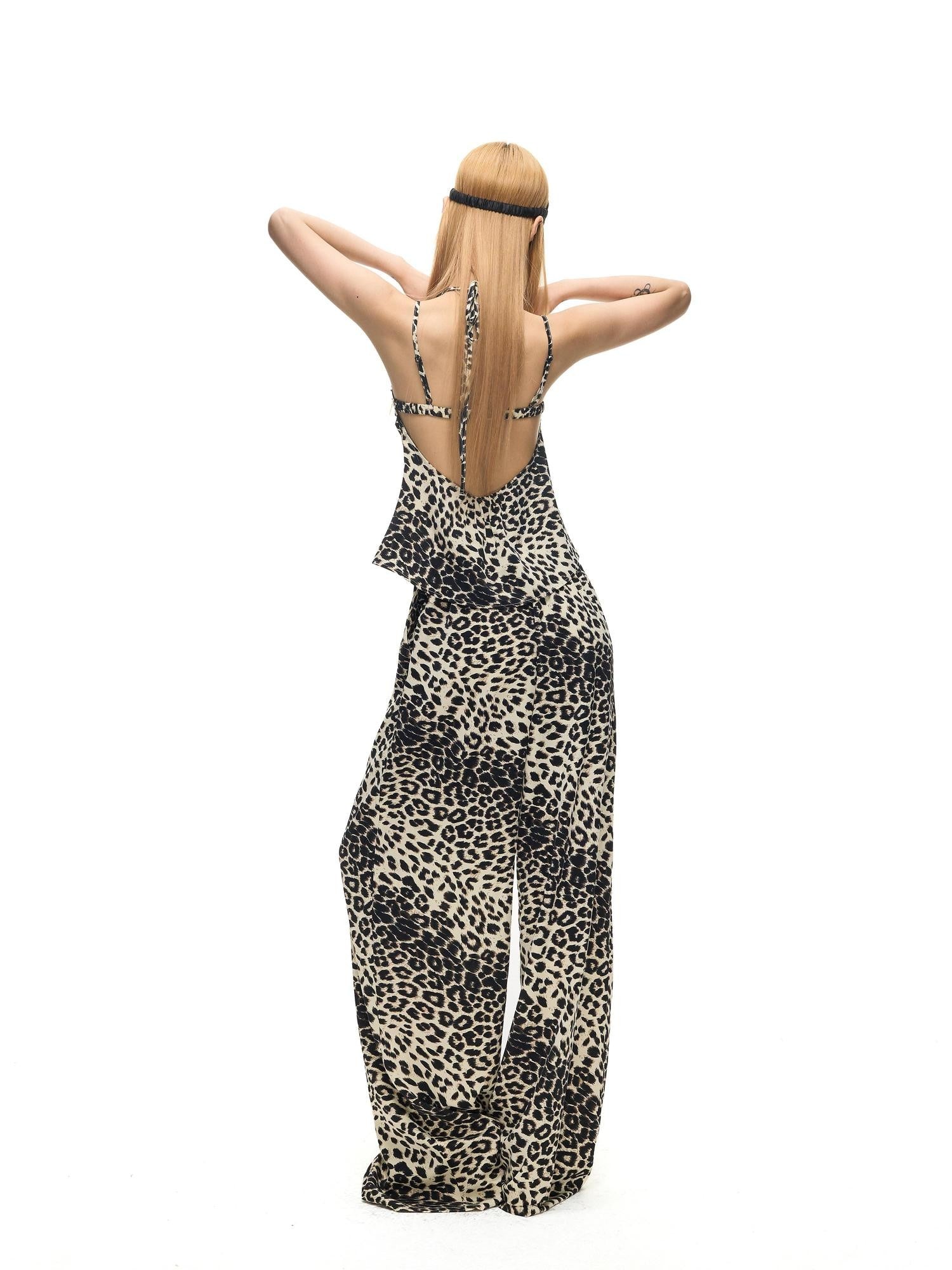 Fanptntox Leopard Print V-neck Camisole Wide Leg Women's Lounge Top & Pants Sets