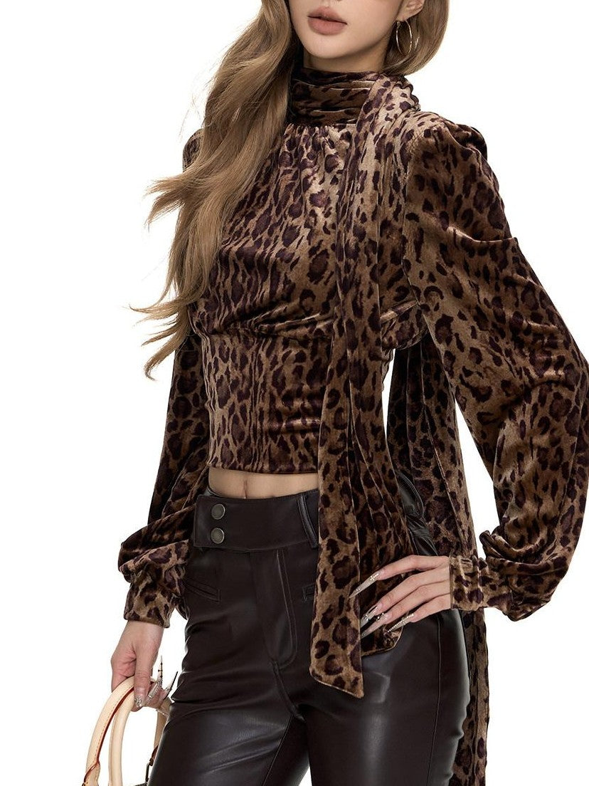 Fanptntox Leopard Velvet Ribbon Waist Mesh Women's Polyester Long Sleeve T-shirts