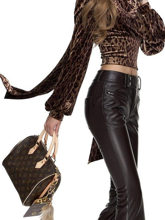 Fanptntox Leopard Velvet Ribbon Waist Mesh Women's Polyester Long Sleeve T-shirts