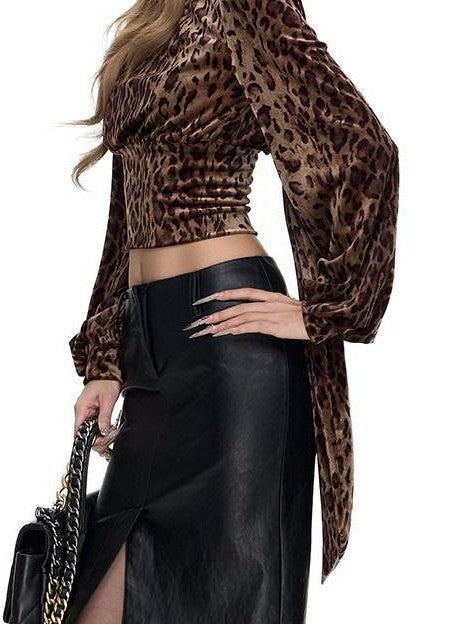 Fanptntox Leopard Velvet Ribbon Waist Mesh Women's Polyester Long Sleeve T-shirts