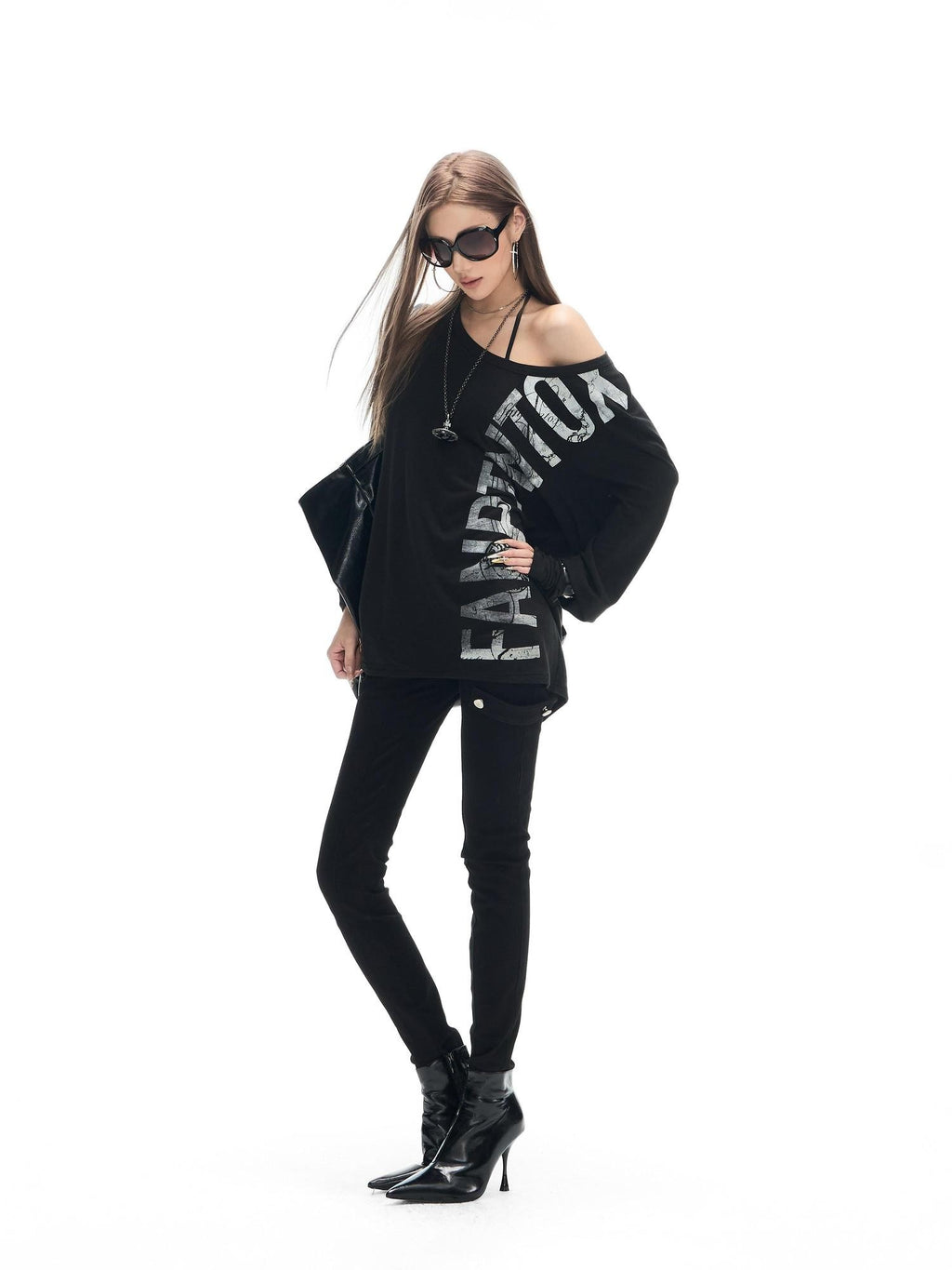 Fanptntox Letter Print Asymmetric Off Shoulder Loose Women's Cotton Long Sleeve T-shirts