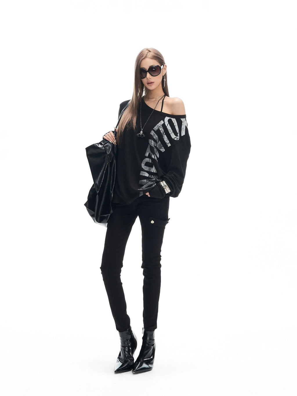Fanptntox Letter Print Asymmetric Off Shoulder Loose Women's Cotton Long Sleeve T-shirts