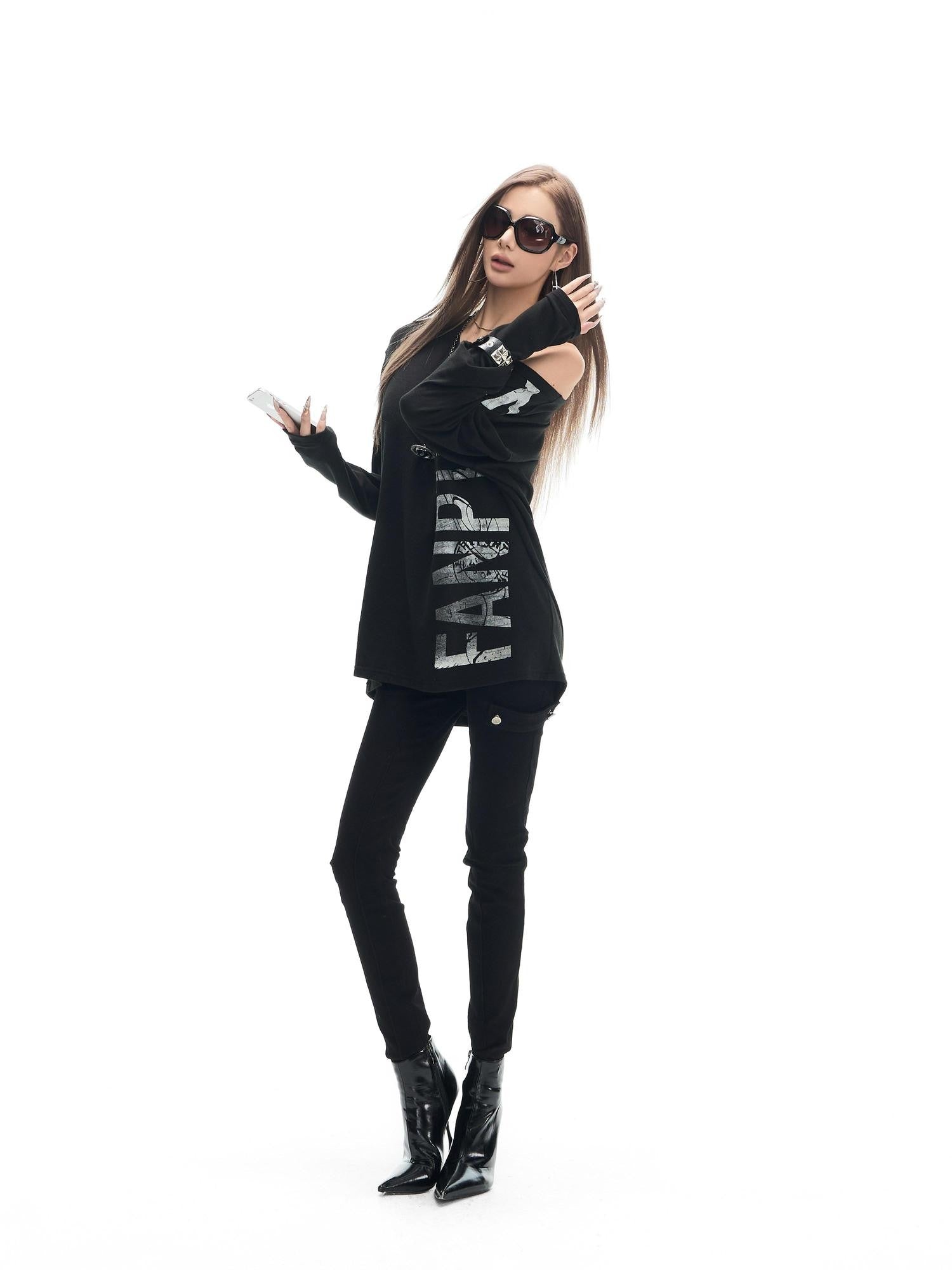 Fanptntox Letter Print Asymmetric Off Shoulder Loose Women's Cotton Long Sleeve T-shirts