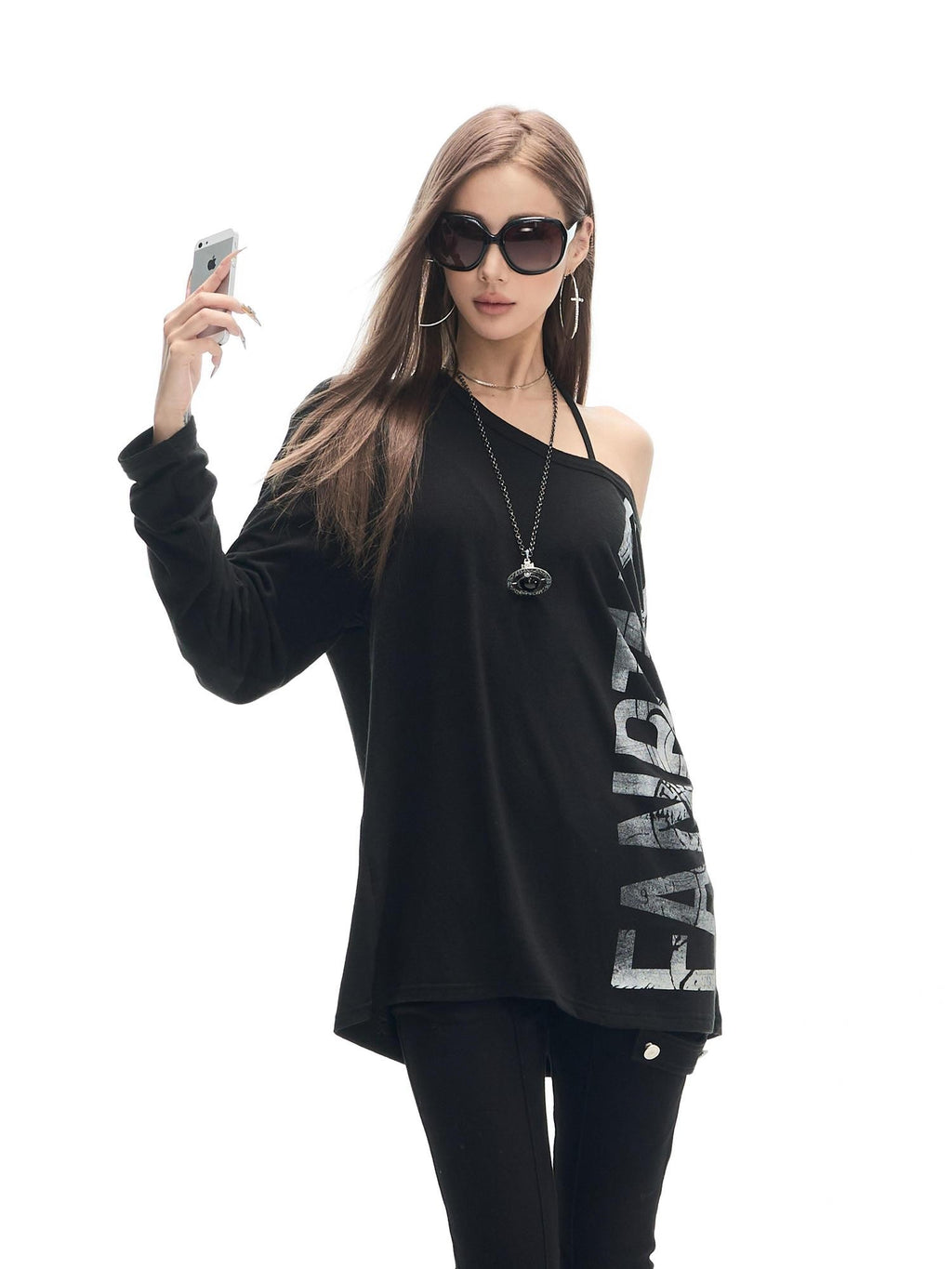 Fanptntox Letter Print Asymmetric Off Shoulder Loose Women's Cotton Long Sleeve T-shirts