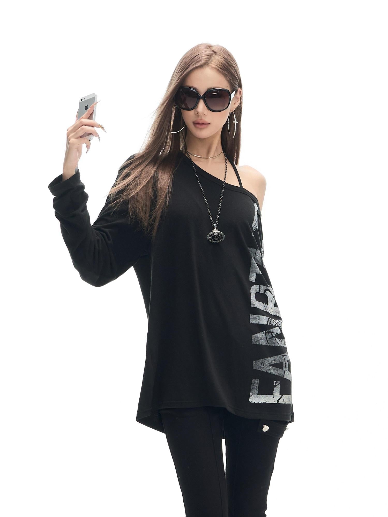 Fanptntox Letter Print Asymmetric Off Shoulder Loose Women's Cotton Long Sleeve T-shirts