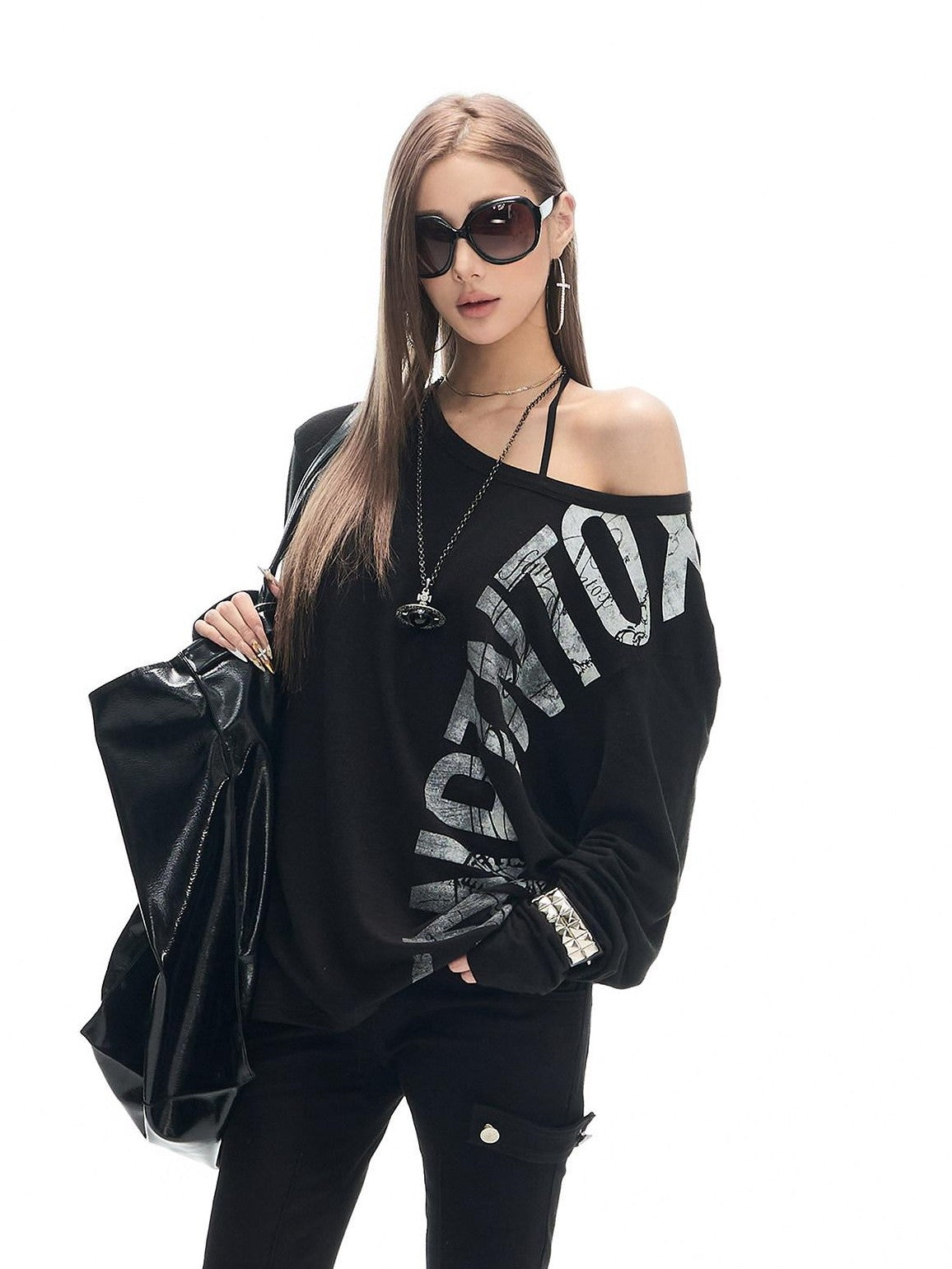 Fanptntox Letter Print Asymmetric Off Shoulder Loose Women's Cotton Long Sleeve T-shirts