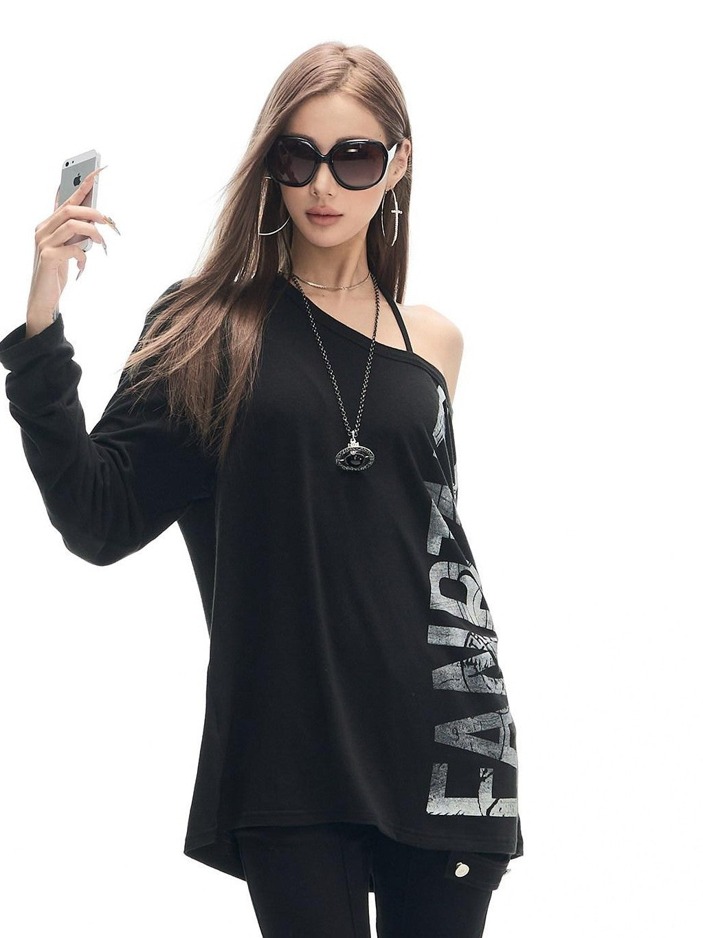 Fanptntox Letter Print Asymmetric Off Shoulder Loose Women's Cotton Long Sleeve T-shirts