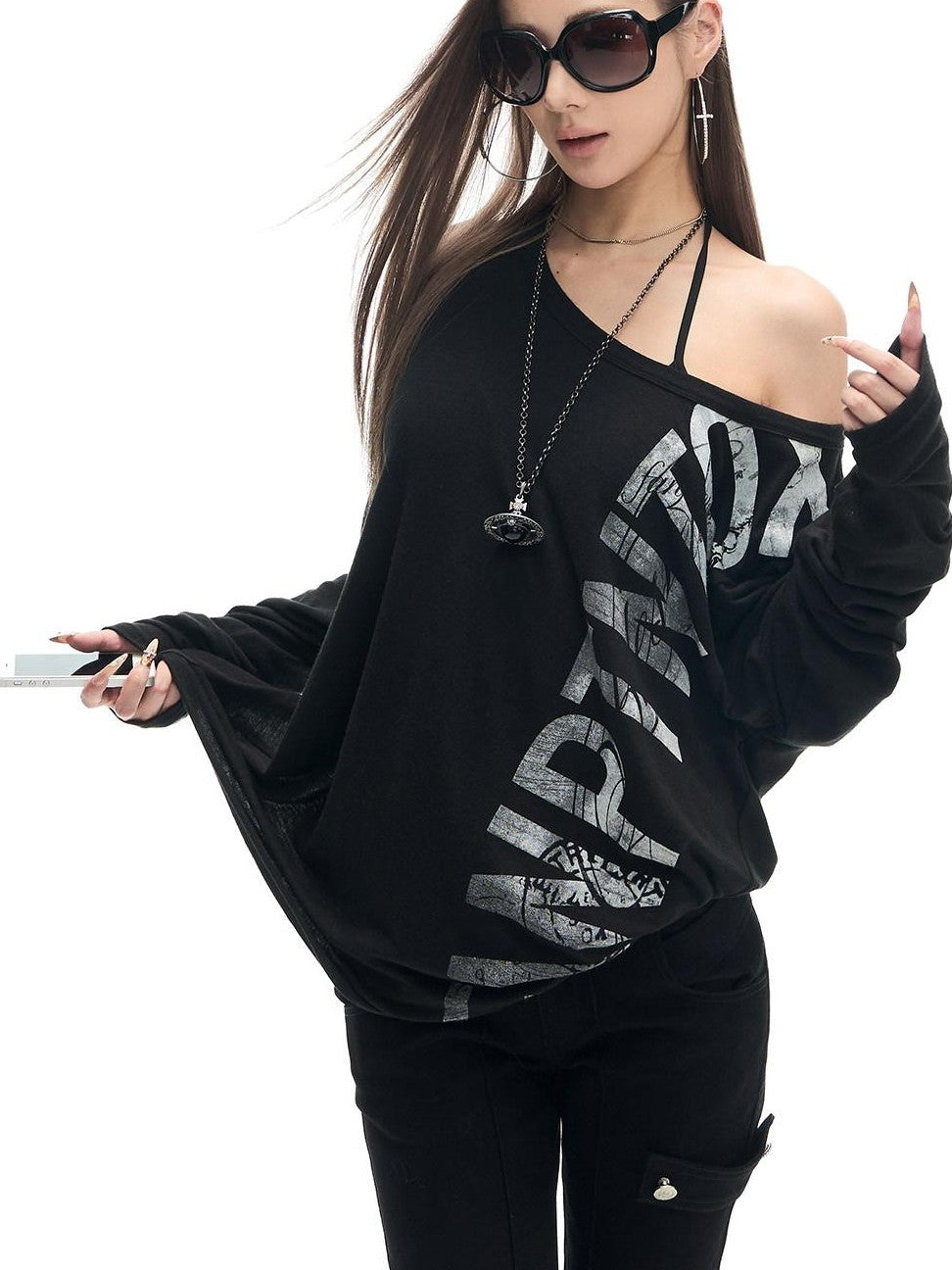 Fanptntox Letter Print Asymmetric Off Shoulder Loose Women's Cotton Long Sleeve T-shirts