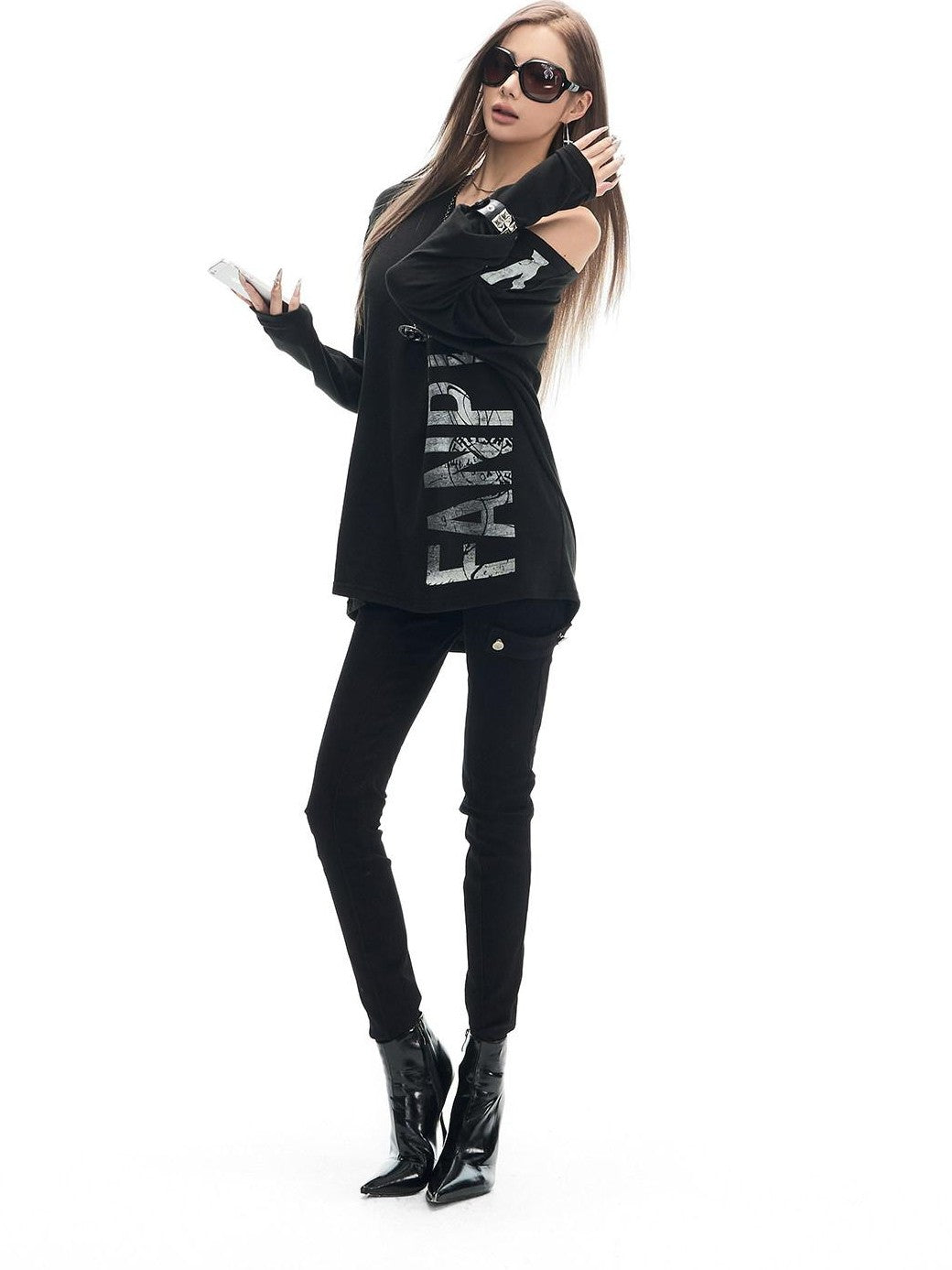 Fanptntox Letter Print Asymmetric Off Shoulder Loose Women's Cotton Long Sleeve T-shirts