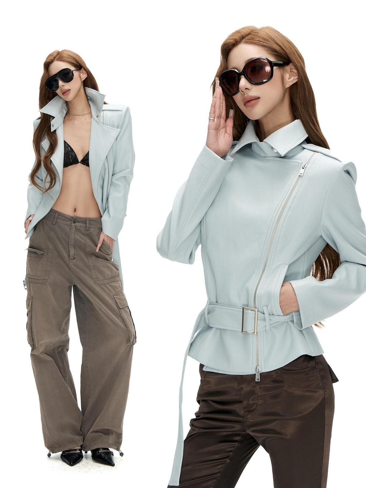 Fanptntox Light Blue Asymmetric Zip Belted Waist Women's Faux Leather Casual Jackets