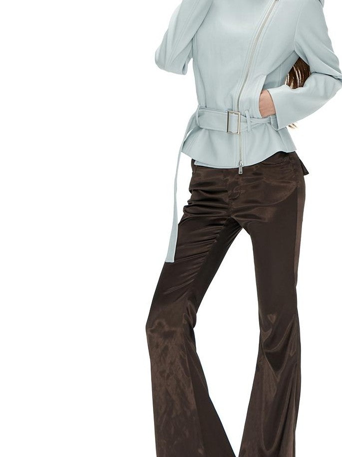 Fanptntox Light Blue Asymmetric Zip Belted Waist Women's Faux Leather Casual Jackets