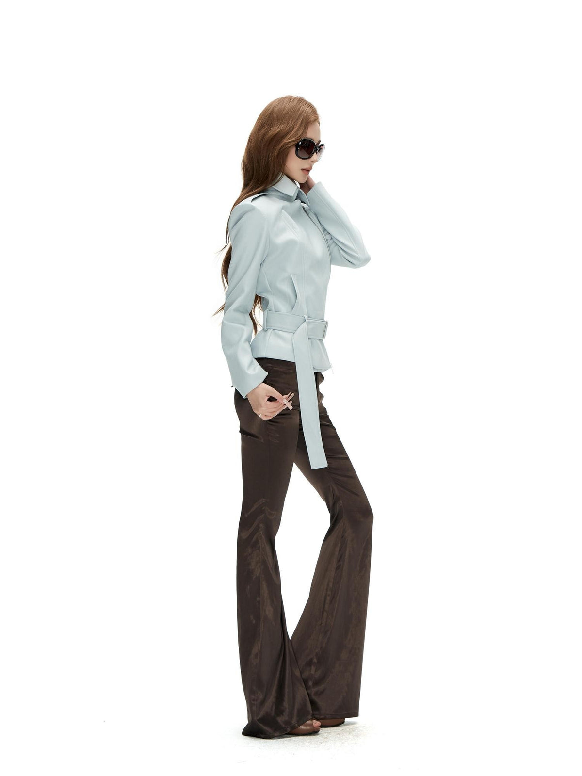 Fanptntox Light Blue Asymmetric Zip Belted Waist Women's Faux Leather Casual Jackets