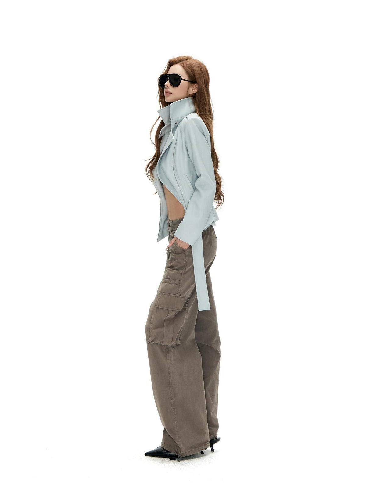 Fanptntox Light Blue Asymmetric Zip Belted Waist Women's Faux Leather Casual Jackets