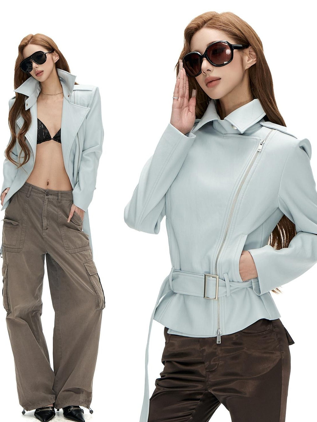 Fanptntox Light Blue Asymmetric Zip Belted Waist Women's Faux Leather Casual Jackets