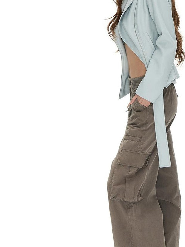 Fanptntox Light Blue Asymmetric Zip Belted Waist Women's Faux Leather Casual Jackets