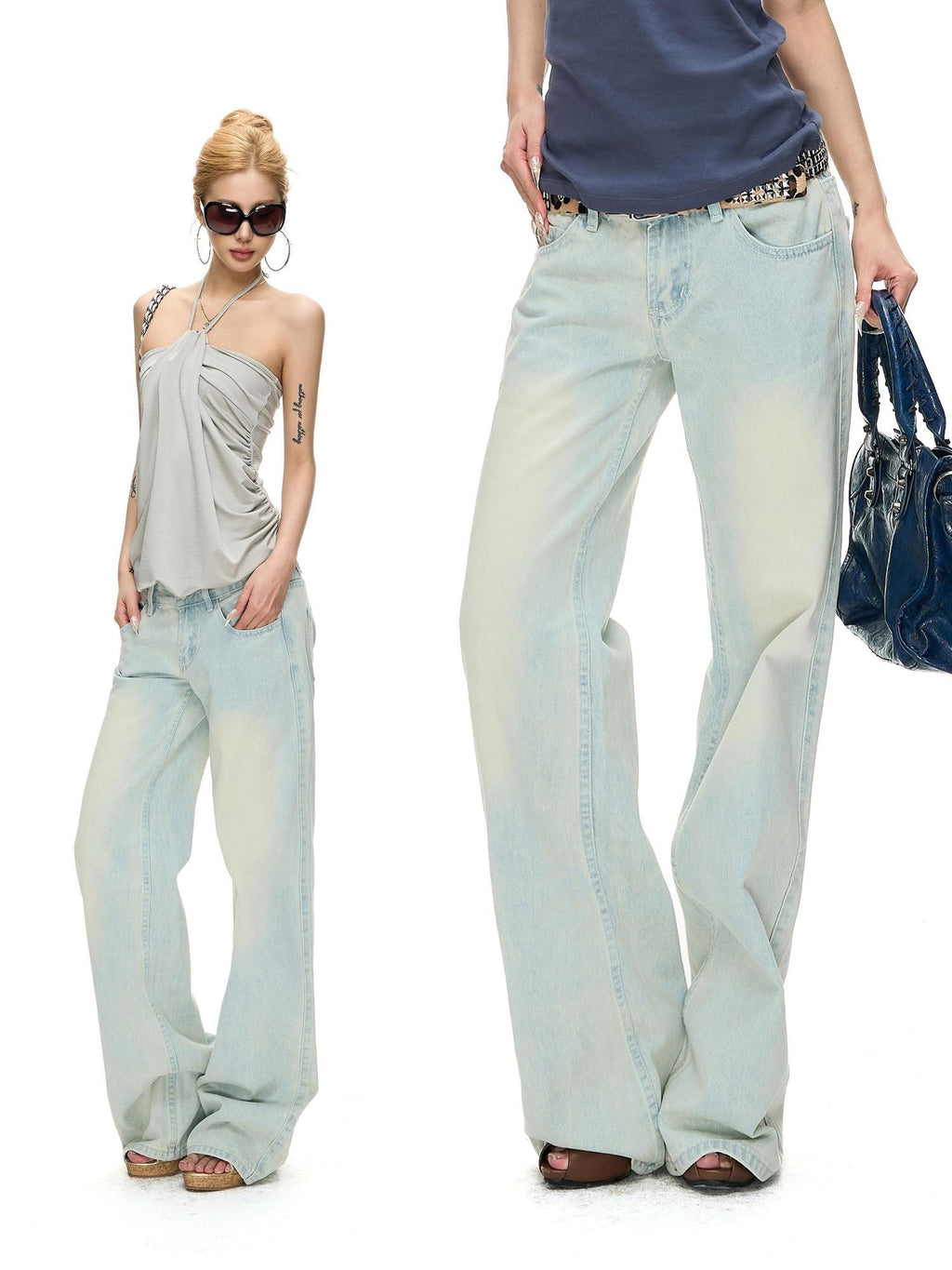 Fanptntox Light Blue Bleached Wash Relaxed Low Rise Women's Denim Straight-leg Jeans