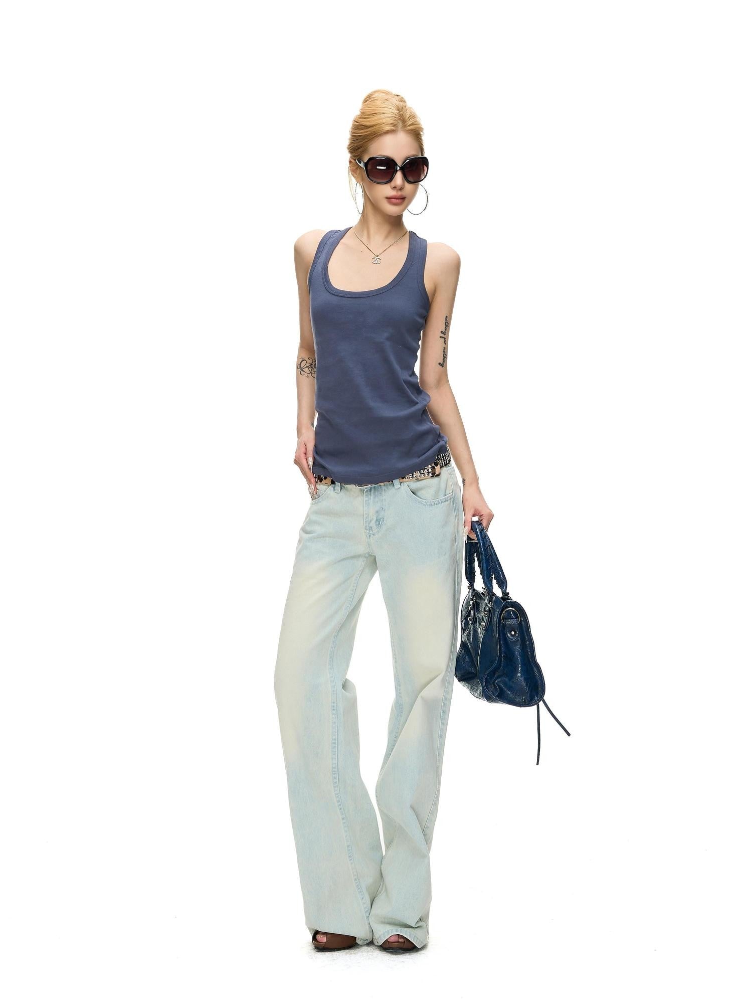 Fanptntox Light Blue Bleached Wash Relaxed Low Rise Women's Denim Straight-leg Jeans