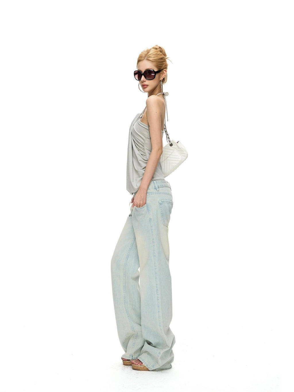 Fanptntox Light Blue Bleached Wash Relaxed Low Rise Women's Denim Straight-leg Jeans