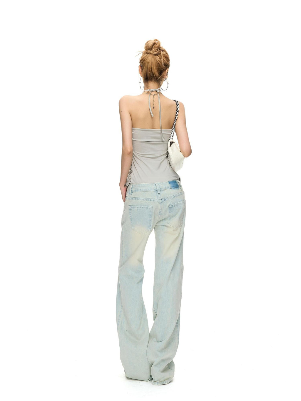 Fanptntox Light Blue Bleached Wash Relaxed Low Rise Women's Denim Straight-leg Jeans