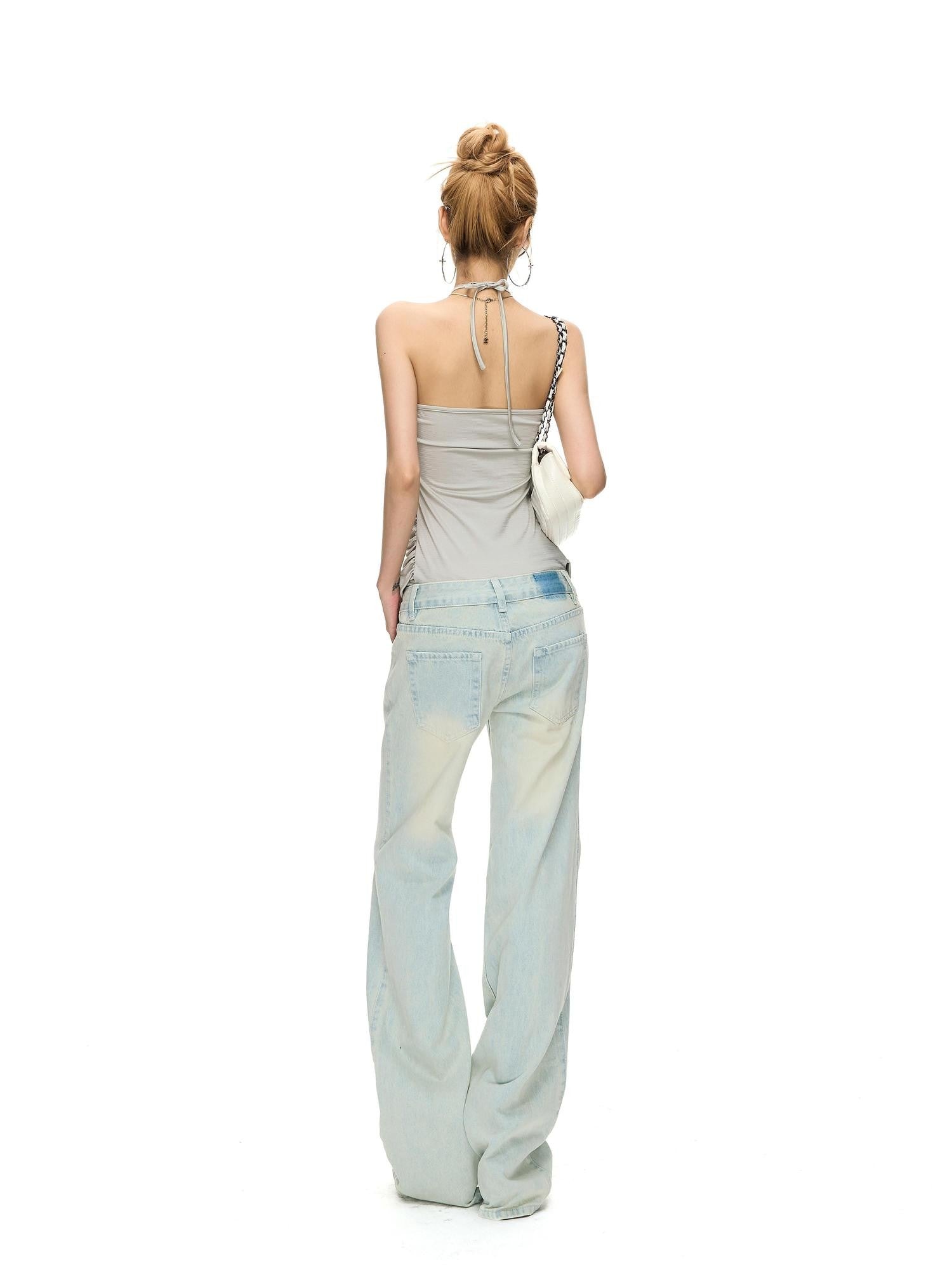 Fanptntox Light Blue Bleached Wash Relaxed Low Rise Women's Denim Straight-leg Jeans