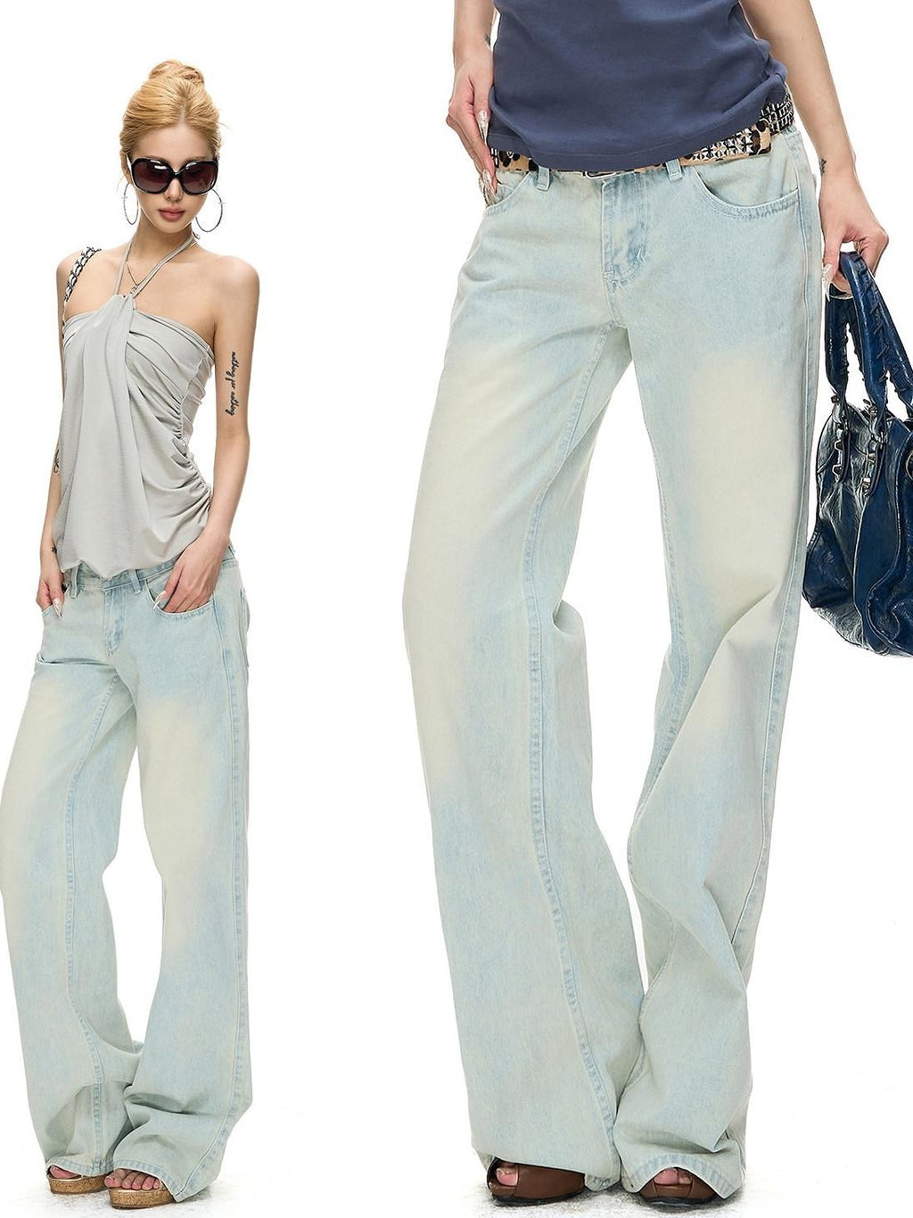 Fanptntox Light Blue Bleached Wash Relaxed Low Rise Women's Denim Straight-leg Jeans