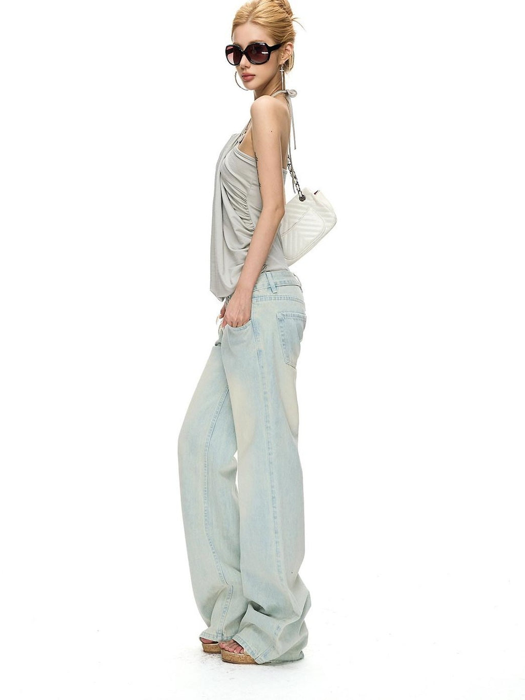 Fanptntox Light Blue Bleached Wash Relaxed Low Rise Women's Denim Straight-leg Jeans