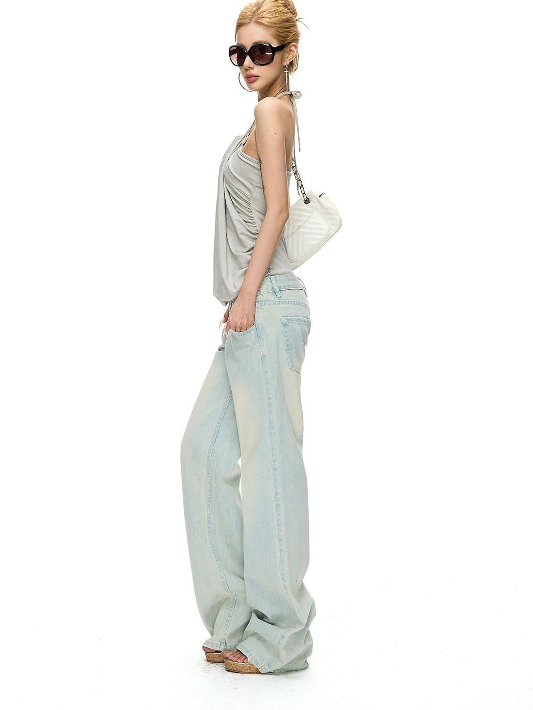 Fanptntox Light Blue Bleached Wash Relaxed Low Rise Women's Denim Straight-leg Jeans