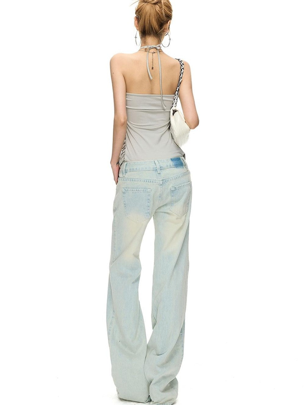 Fanptntox Light Blue Bleached Wash Relaxed Low Rise Women's Denim Straight-leg Jeans