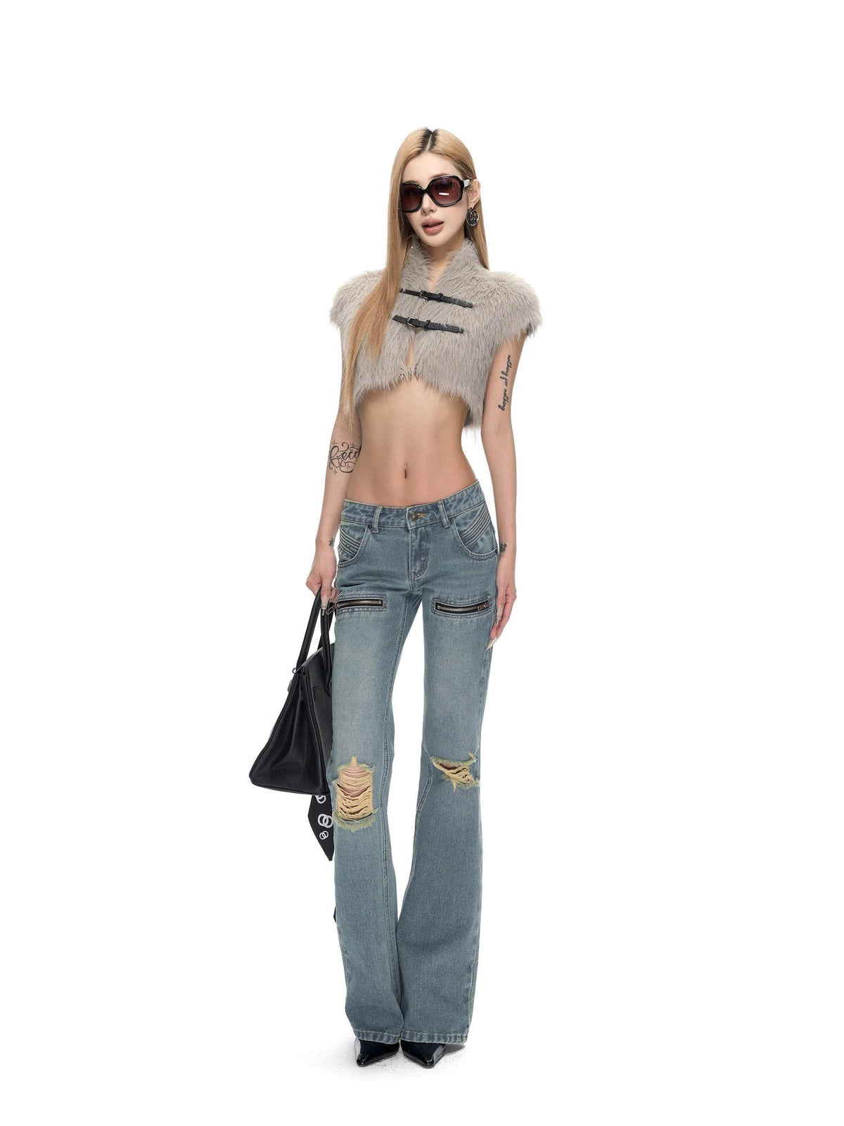 Fanptntox Light Blue Washed Distressed Low Rise Slim Women's Cotton Straight-leg Jeans