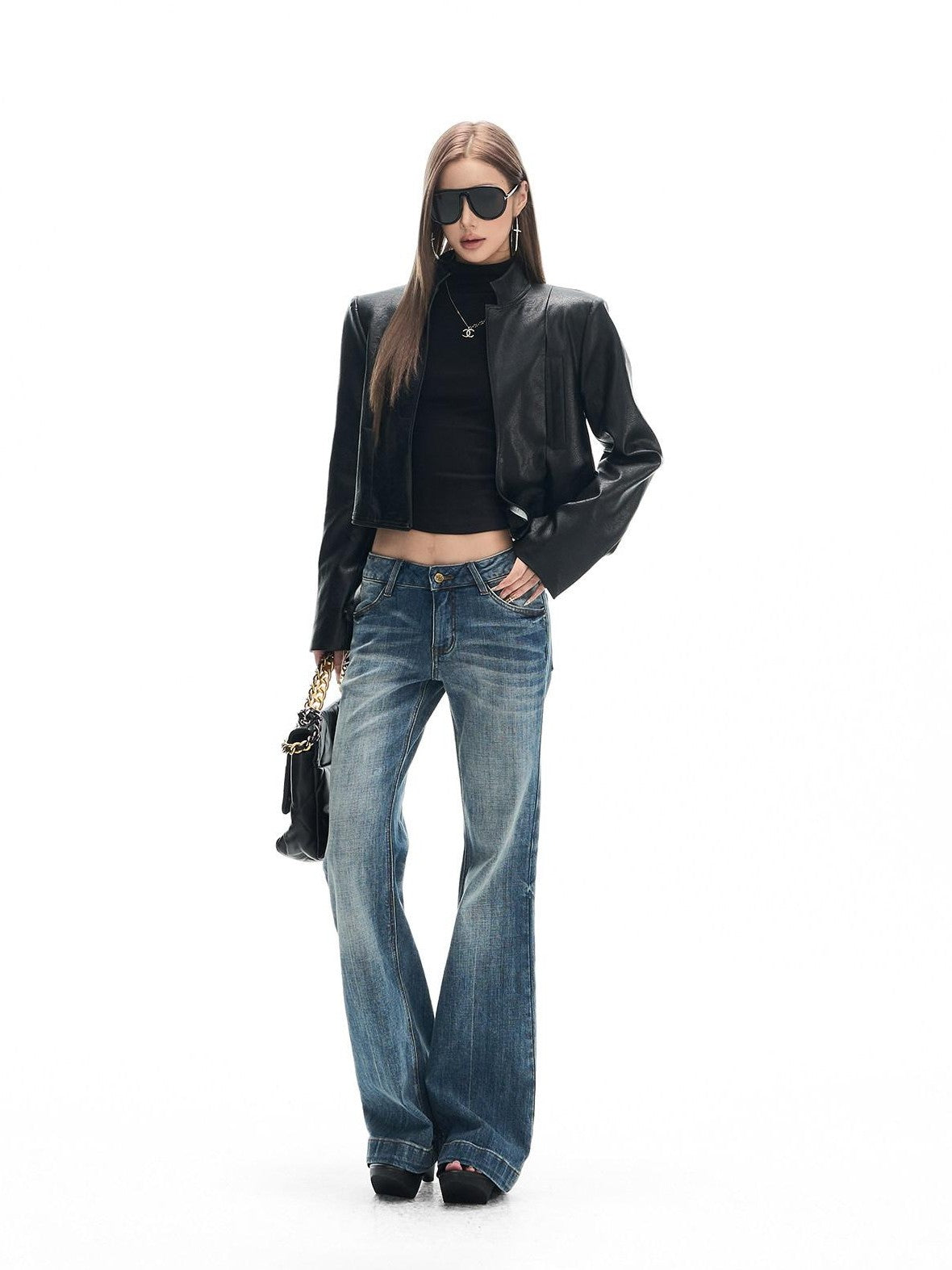 Fanptntox Light Blue Washed Whisker Slim Low Rise Women's Stretch Denim Straight-leg Jeans