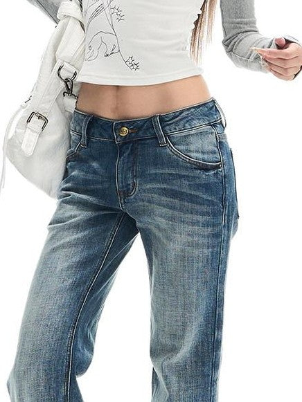 Fanptntox Light Blue Washed Whisker Slim Low Rise Women's Stretch Denim Straight-leg Jeans