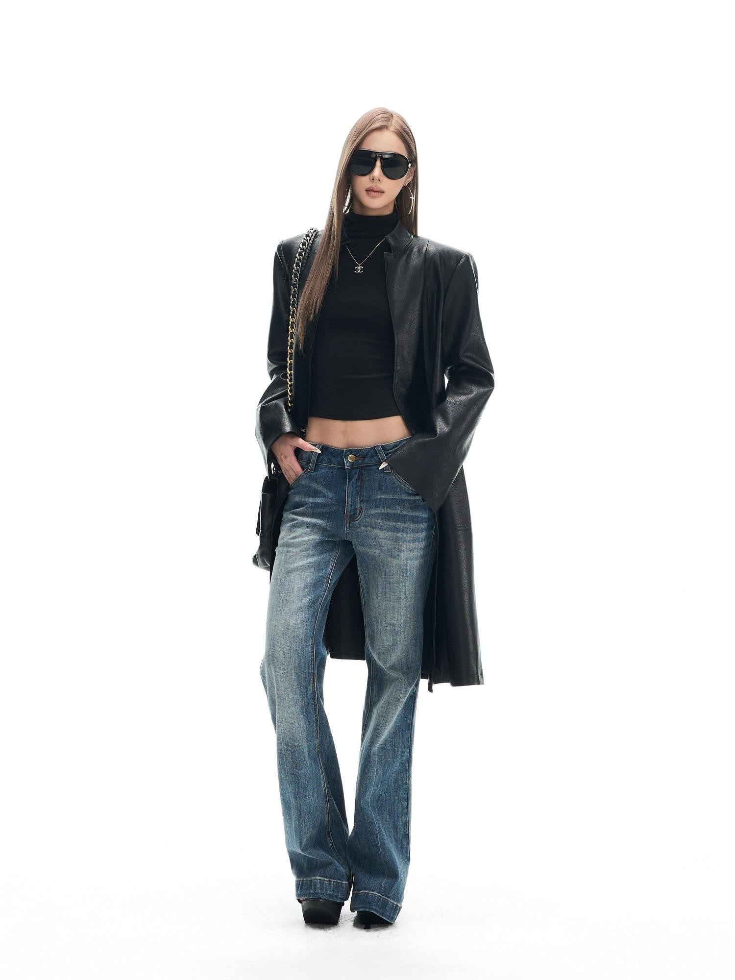 Fanptntox Light Blue Washed Whisker Slim Low Rise Women's Stretch Denim Straight-leg Jeans