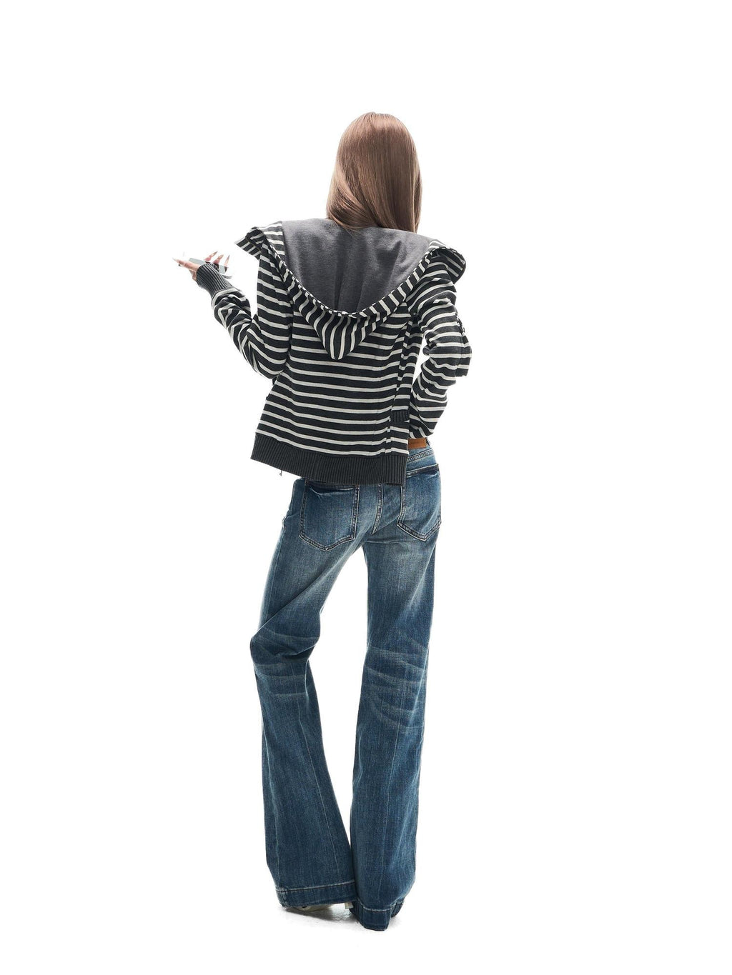 Fanptntox Light Blue Washed Whisker Slim Low Rise Women's Stretch Denim Straight-leg Jeans