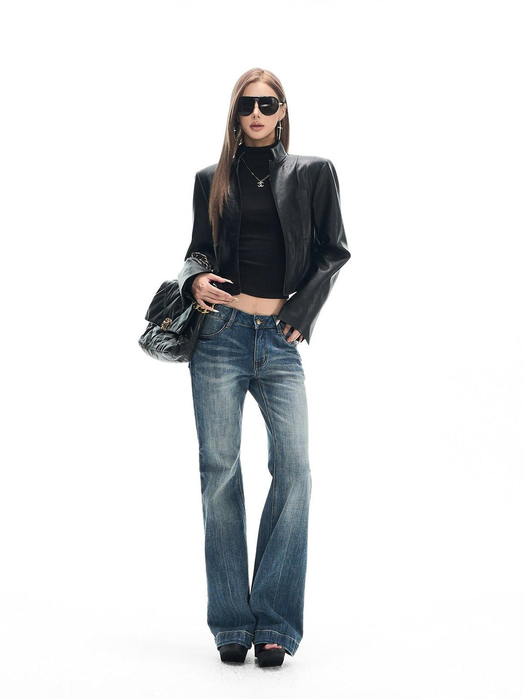 Fanptntox Light Blue Washed Whisker Slim Low Rise Women's Stretch Denim Straight-leg Jeans