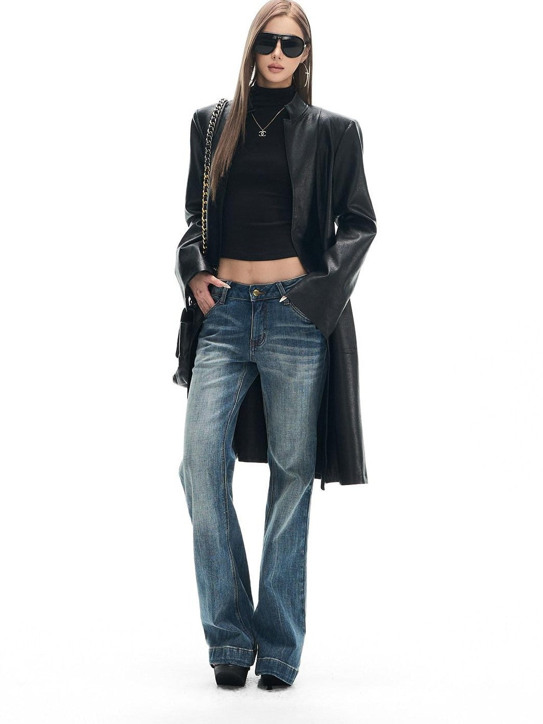 Fanptntox Light Blue Washed Whisker Slim Low Rise Women's Stretch Denim Straight-leg Jeans