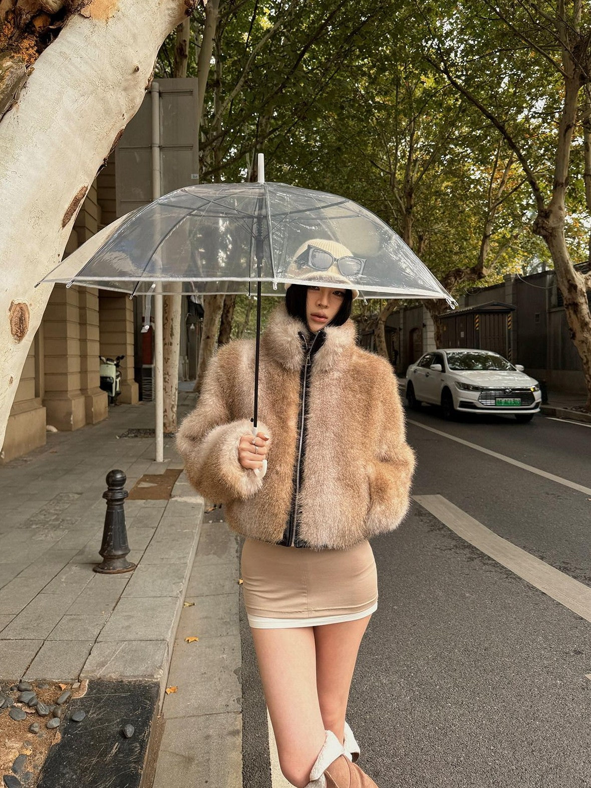 Fanptntox Light Brown Scenic Print Short Zip Plush Hooded Women's Plush Faux Fur Coats