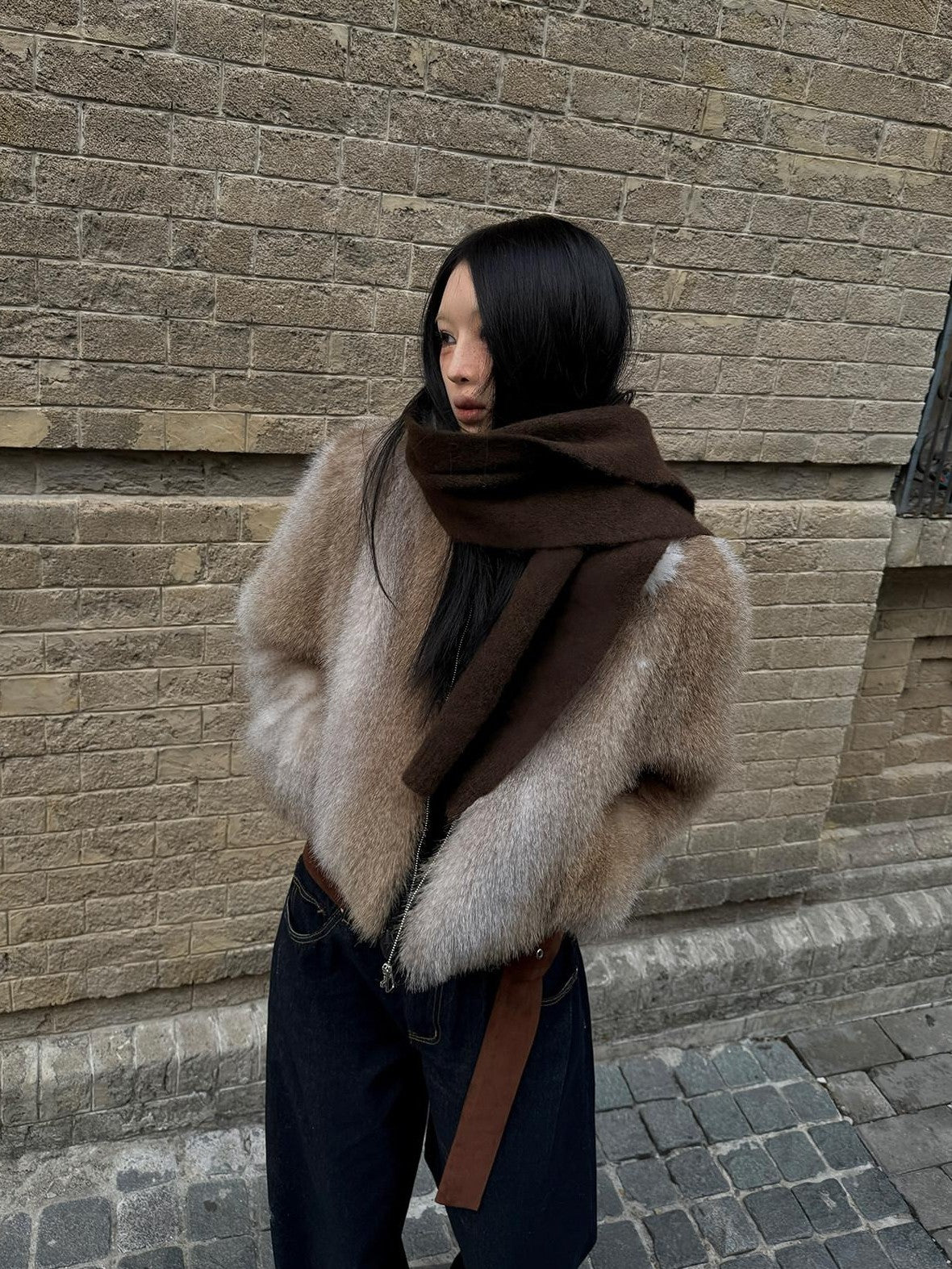 Fanptntox Light Brown Scenic Print Short Zip Plush Hooded Women's Plush Faux Fur Coats